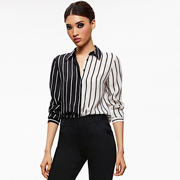 Willa Colorblock Stripe Silk Button-Up Shirt Alice + Olivia - Picture 11 of 12